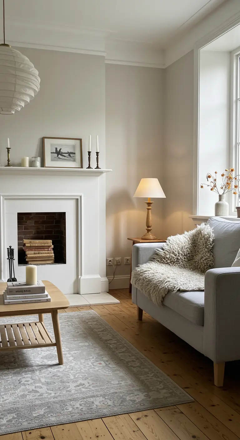 Chimenea blanca de estilo escandinavo con una pila de libros en su interior.