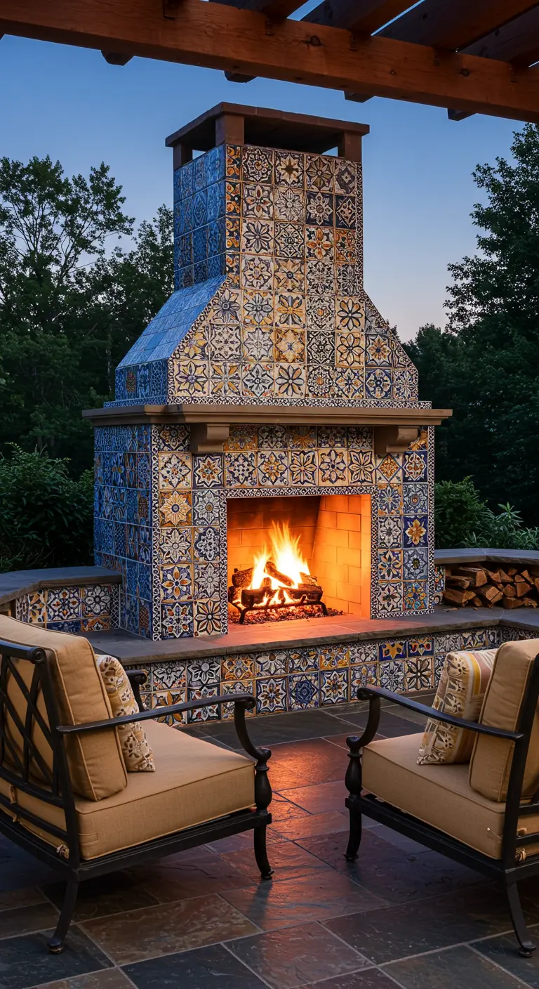 Impresionante chimenea exterior completamente cubierta de mosaicos de talavera, encendida por la noche.