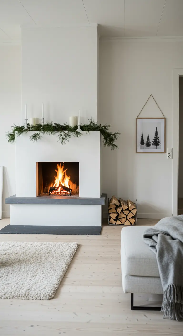 Chimenea blanca moderna decorada con una guirnalda de pino natural y velas blancas