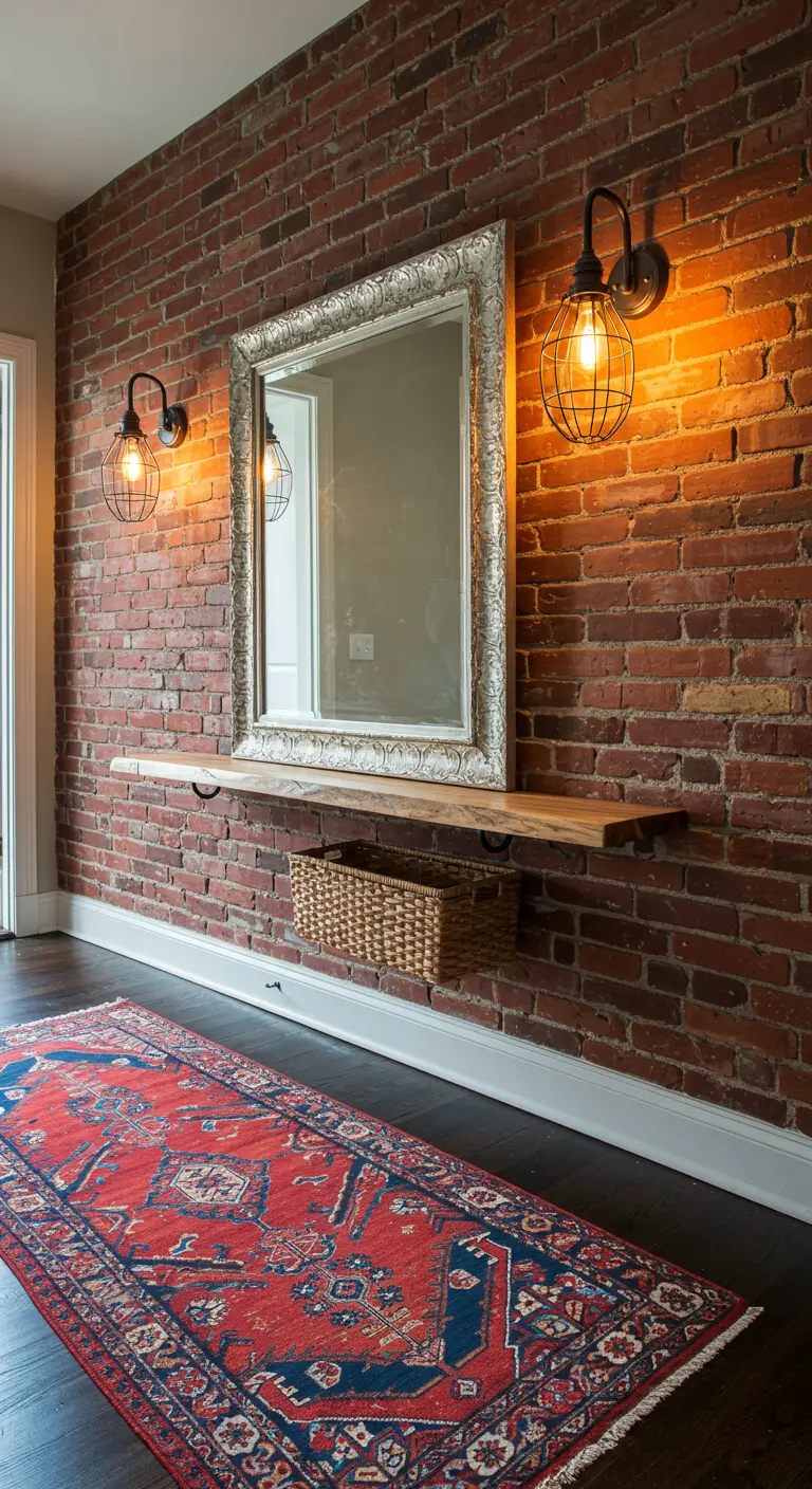 Entrada industrial con pared de ladrillo, espejo plateado ornamentado y balda flotante.