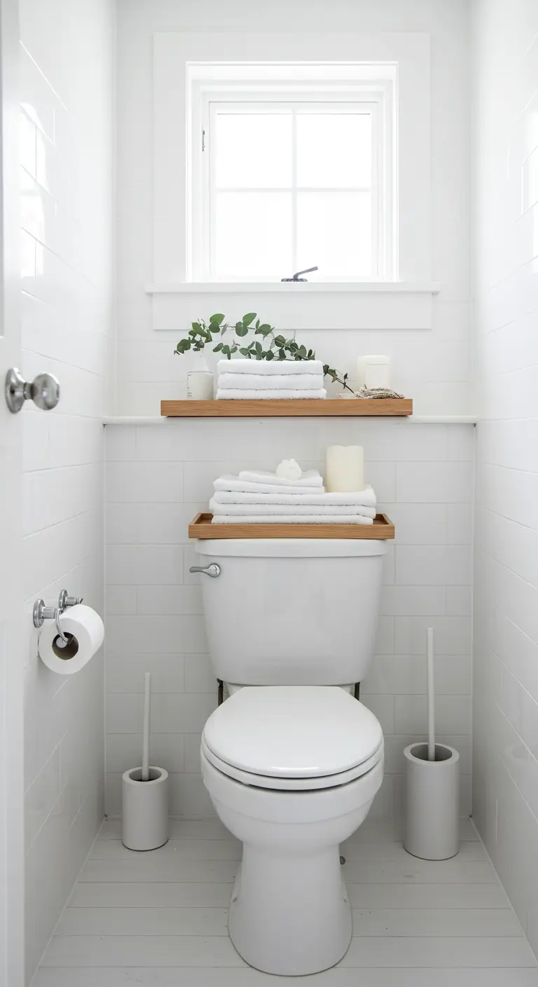 Bandeja de madera sobre la cisterna de un inodoro con toallas, velas y eucalipto.