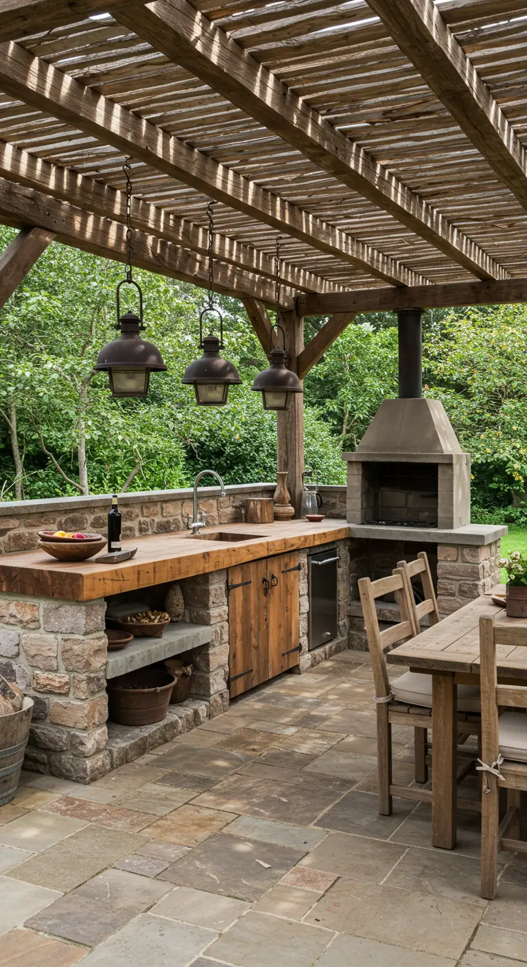 Cocina exterior rústica con base de piedra, encimera de madera y faroles industriales colgantes