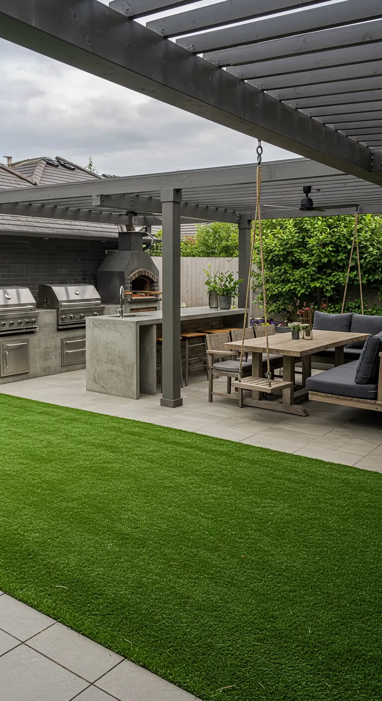 Patio moderno con una cocina exterior completa de hormigón, pérgola oscura y un banco colgante.