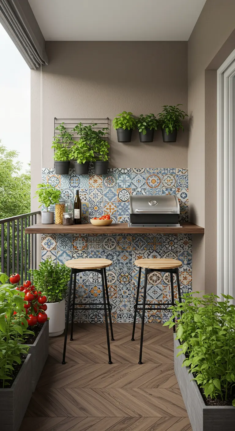 Zona de barbacoa en un balcón con un salpicadero de azulejos de colores y un huerto de hierbas y tomates.