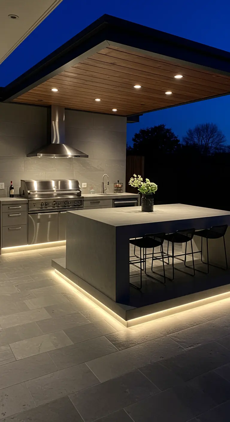 Cocina exterior moderna con una isla y encimeras iluminadas por debajo con tiras LED.