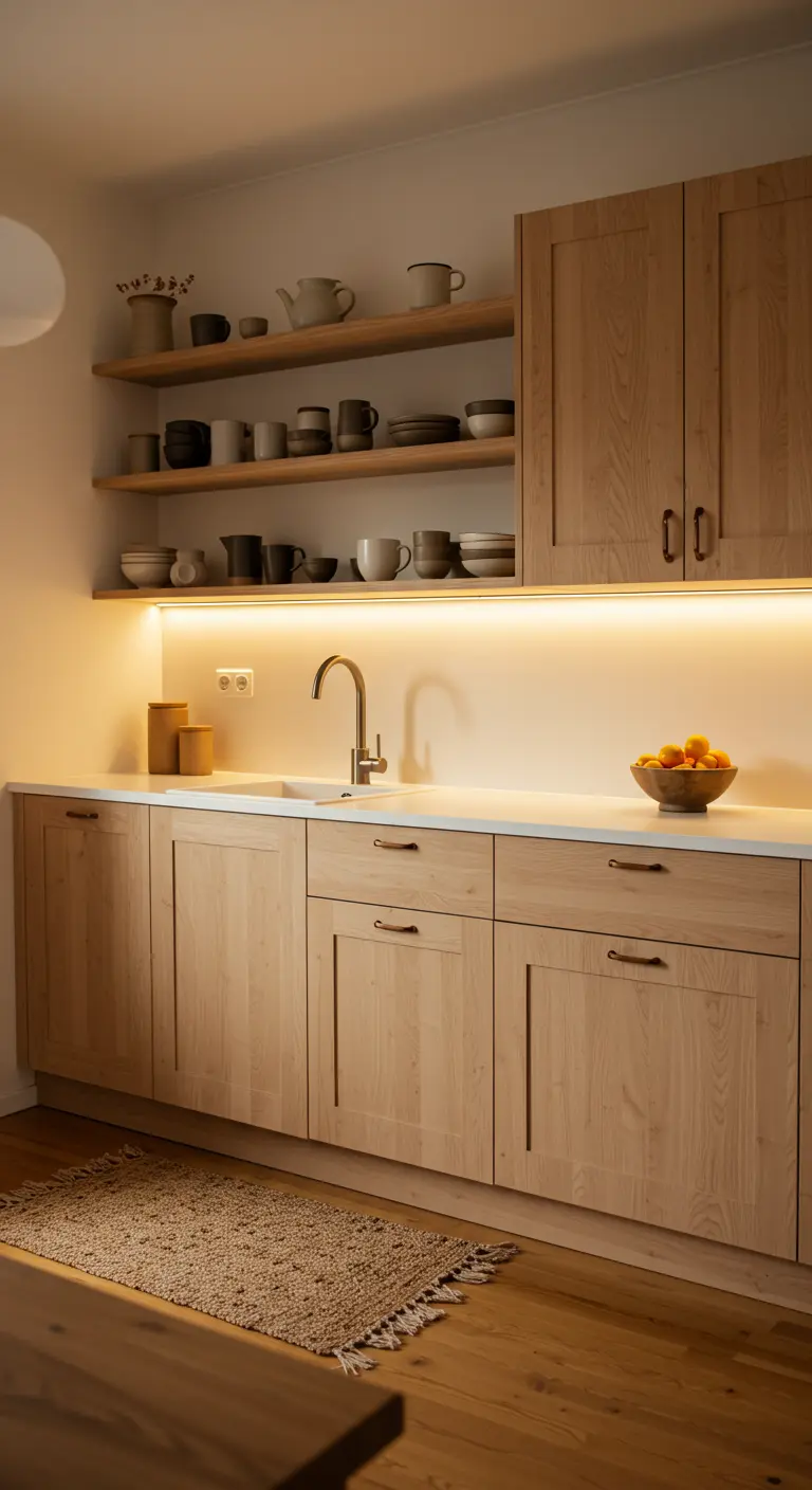 Cocina con muebles de madera clara y una cálida tira de luz LED bajo los armarios