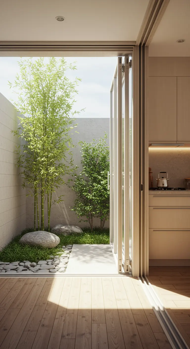 Cocina con puertas de cristal plegables que se abren a un pequeño jardín de estilo zen