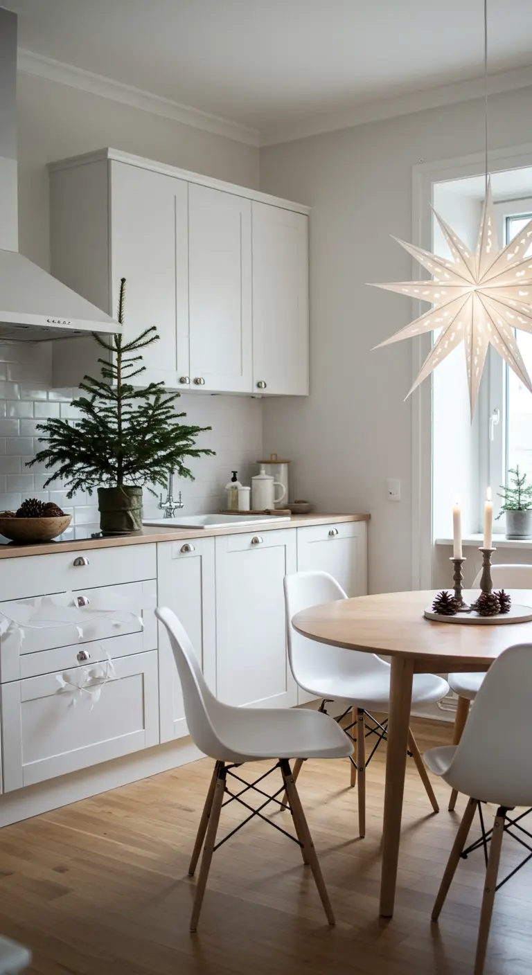 Cocina blanca y de madera con una gran estrella de papel iluminada colgando sobre la mesa