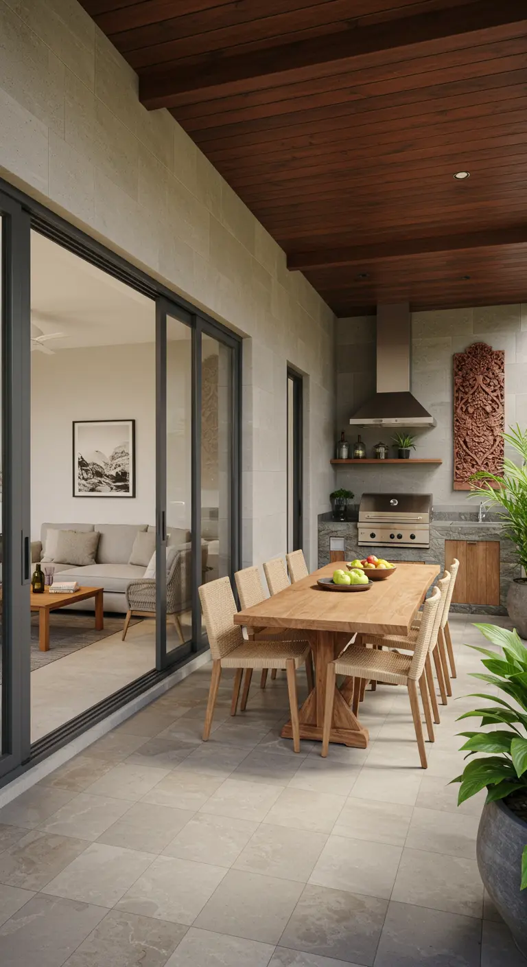 Terraza cubierta con cocina exterior, barbacoa y un gran comedor de madera.