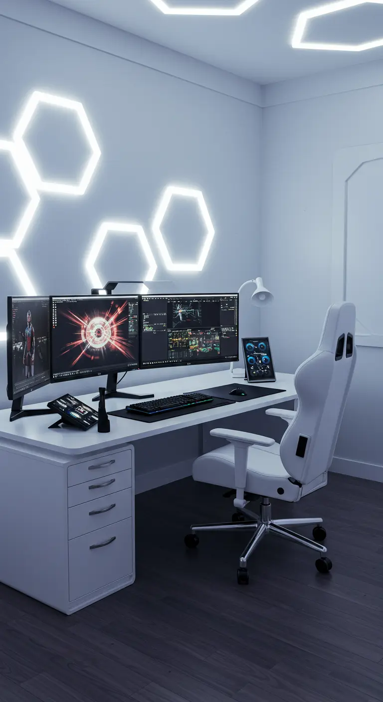 Estudio de gaming blanco y futurista con luces hexagonales en la pared y el techo.