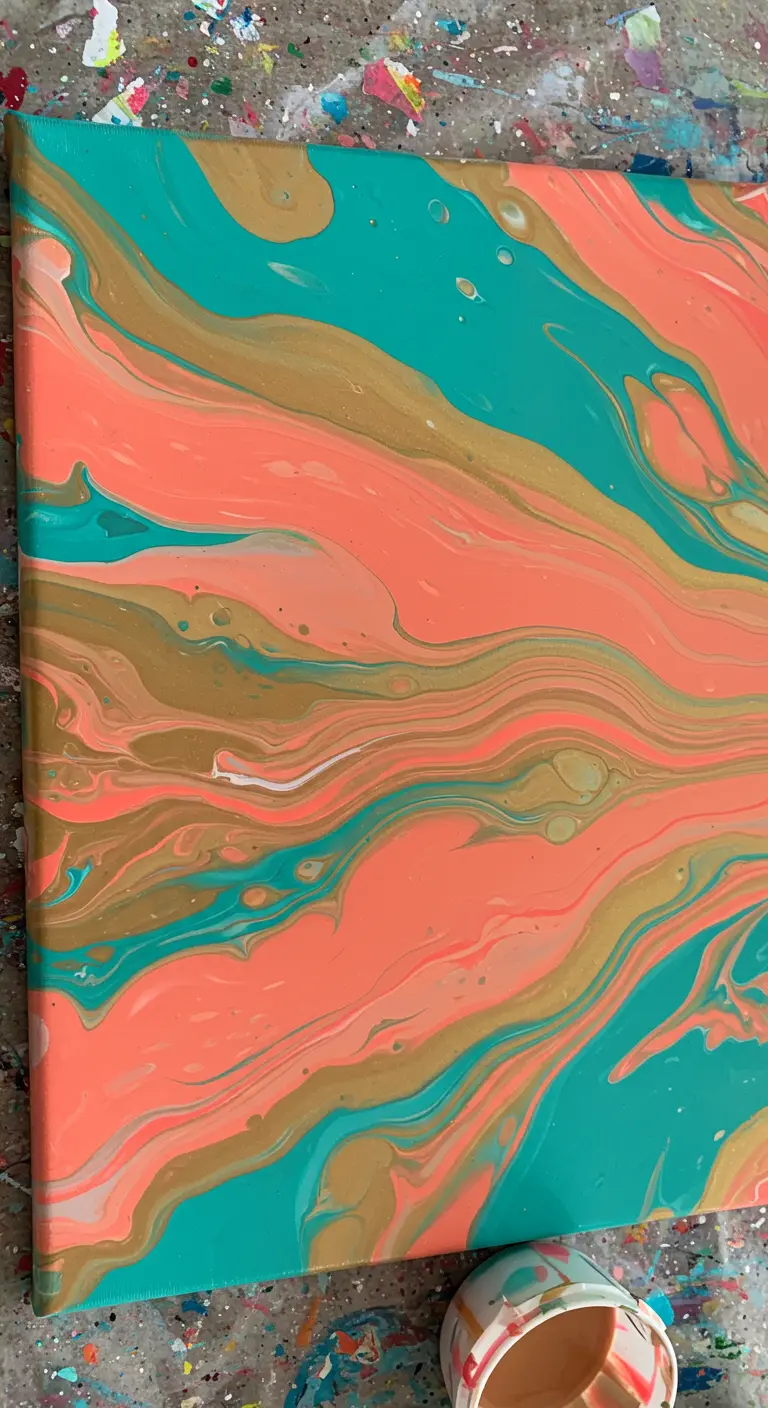 Pintura fluida con ondas de color coral, turquesa y dorado creando un efecto marmolado