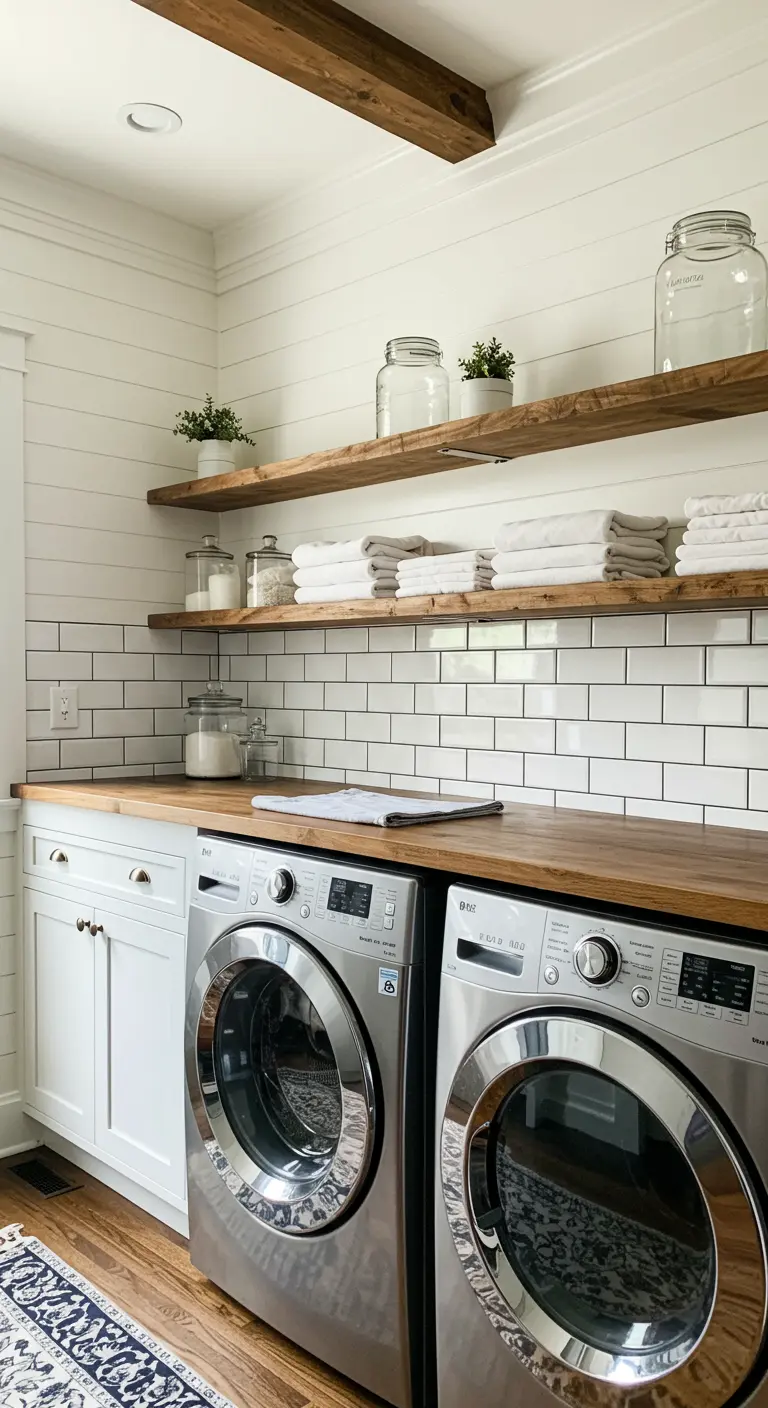 Lavandería rústica con paredes mitad shiplap y mitad azulejo blanco, con estantes de madera.