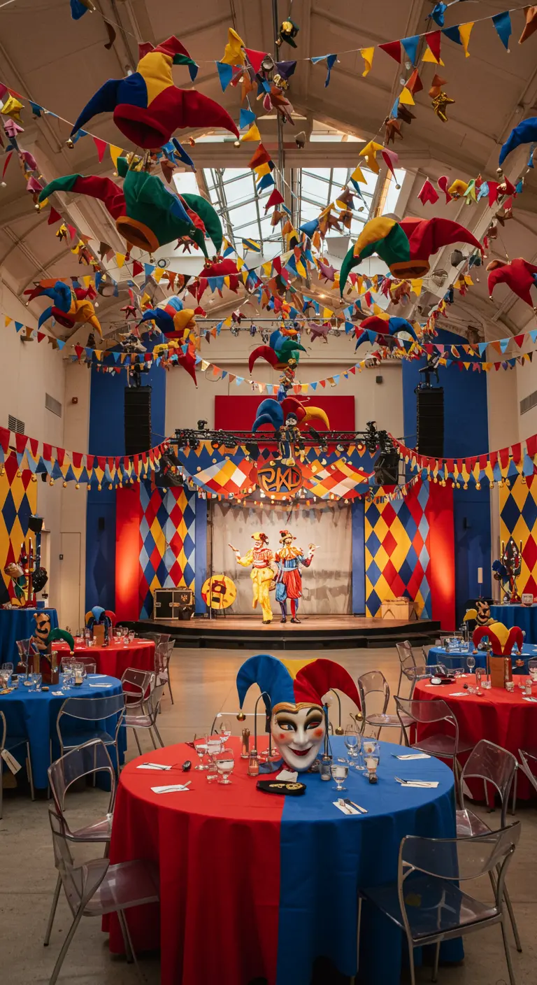 Salón de fiestas con temática de arlequín, mesas en rojo y azul y decoración de rombos.