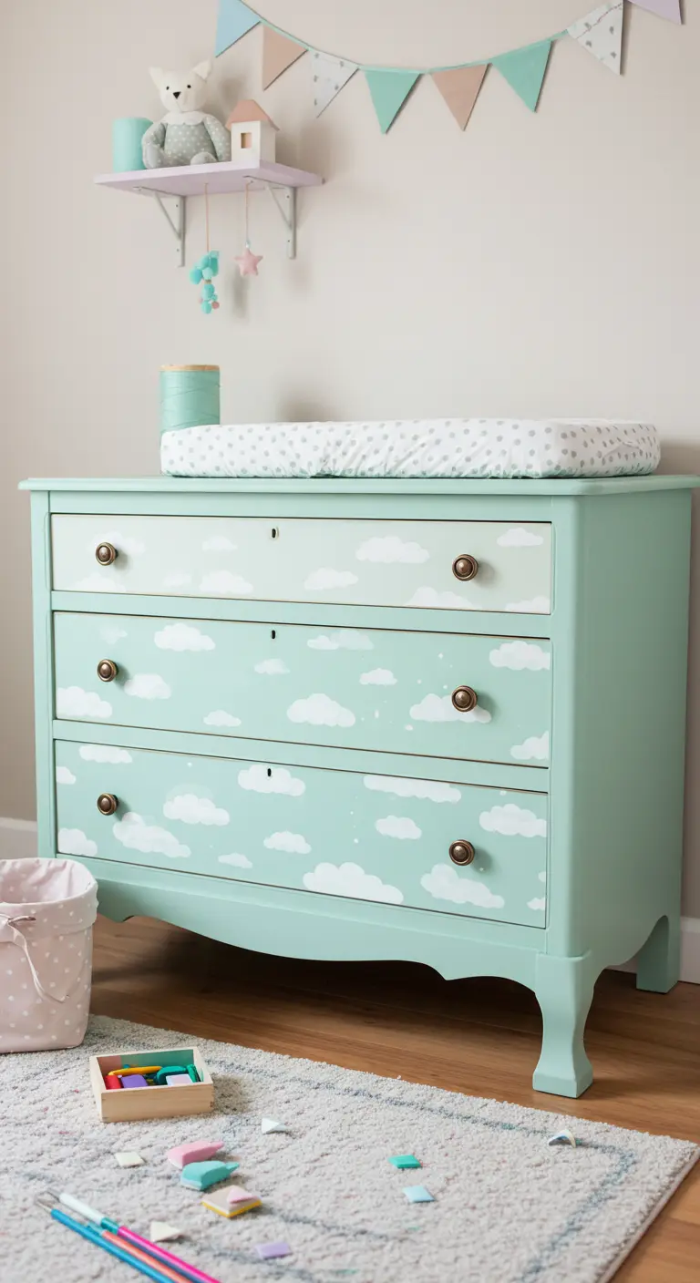 Cómoda infantil pintada de verde menta con los frentes de los cajones decorados con un papel de nubes blancas.