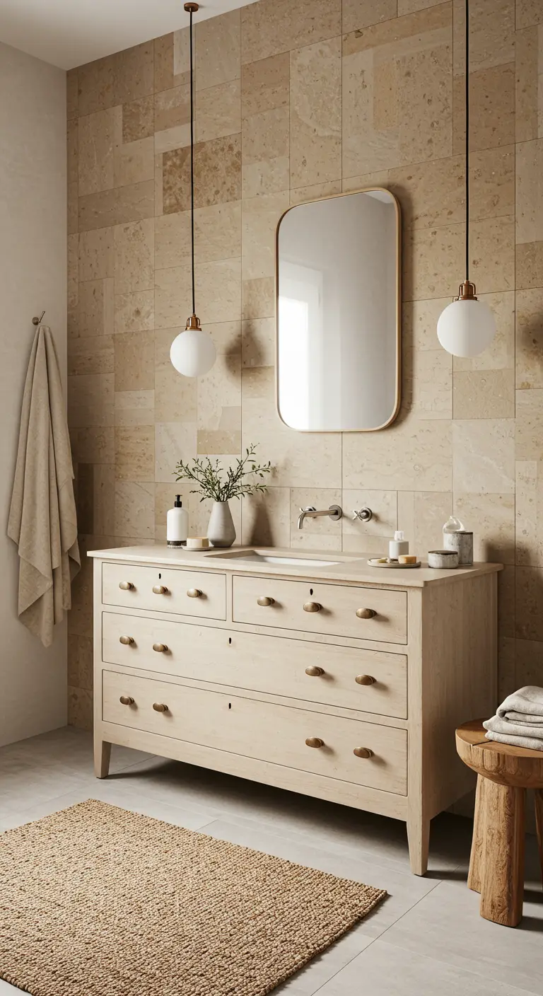 Baño luminoso con una cómoda de madera clara reconvertida en mueble de lavabo.