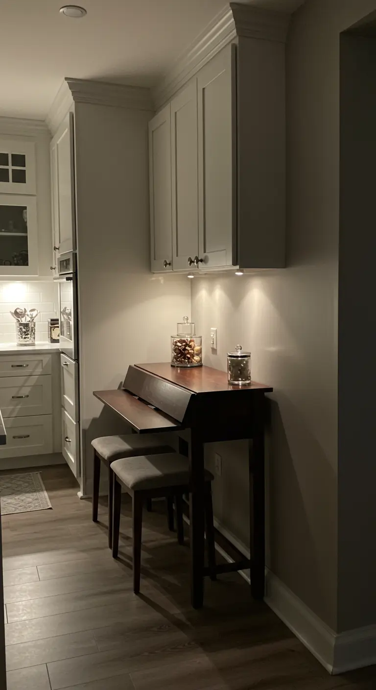 Mesa consola de madera oscura con alas abatibles y dos taburetes, en un rincón de cocina