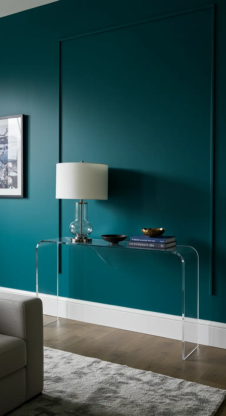 Consola de acrílico tipo cascada contra una pared de color verde azulado intenso