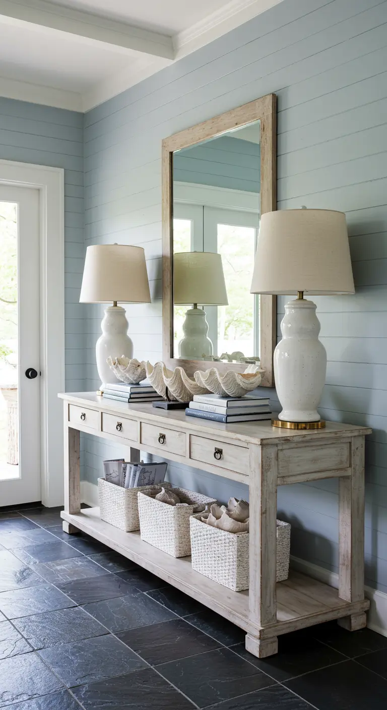 Consola larga decapada con lámparas gemelas y decoración de conchas de almeja.