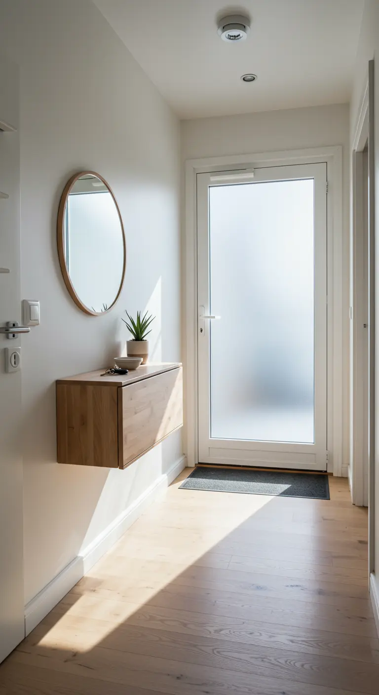 Consola flotante de madera en un recibidor minimalista con un espejo redondo encima.