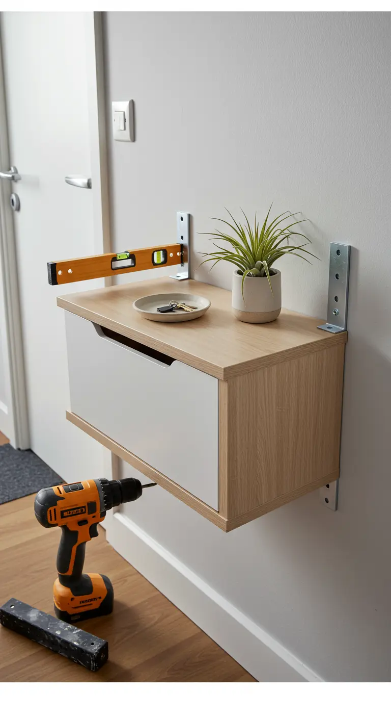 Cajón de madera y blanco montado en la pared con escuadras metálicas como consola flotante
