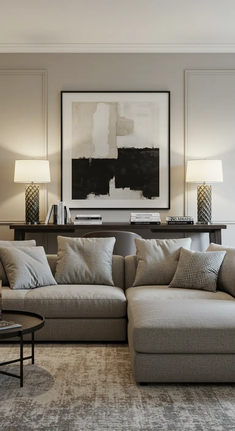 Consola oscura detrás de un gran sofá seccional gris, funcionando como escritorio.