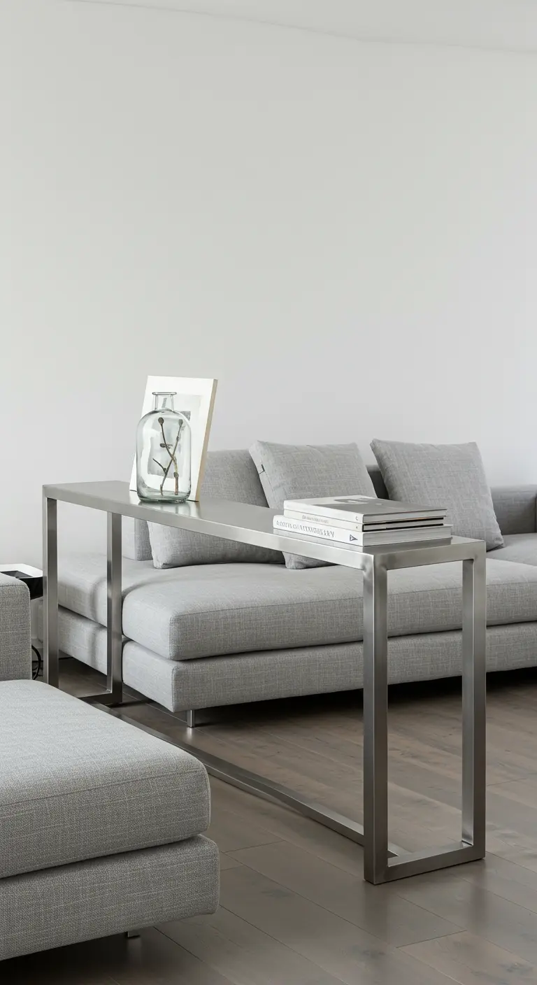 Mesa consola delgada de acero cepillado detrás de un sofá gris moderno.