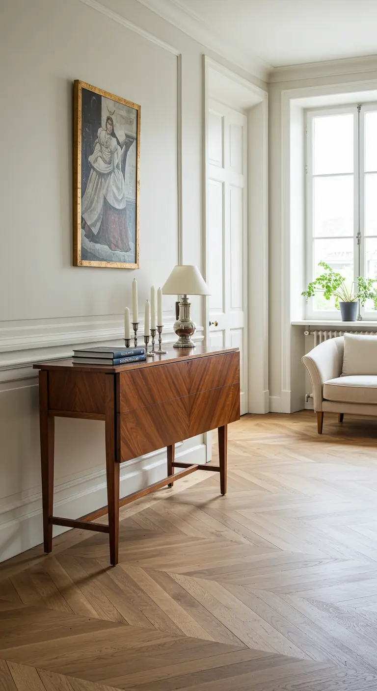Mesa de comedor plegable tipo consola de madera oscura con las alas plegadas en una sala clásica.