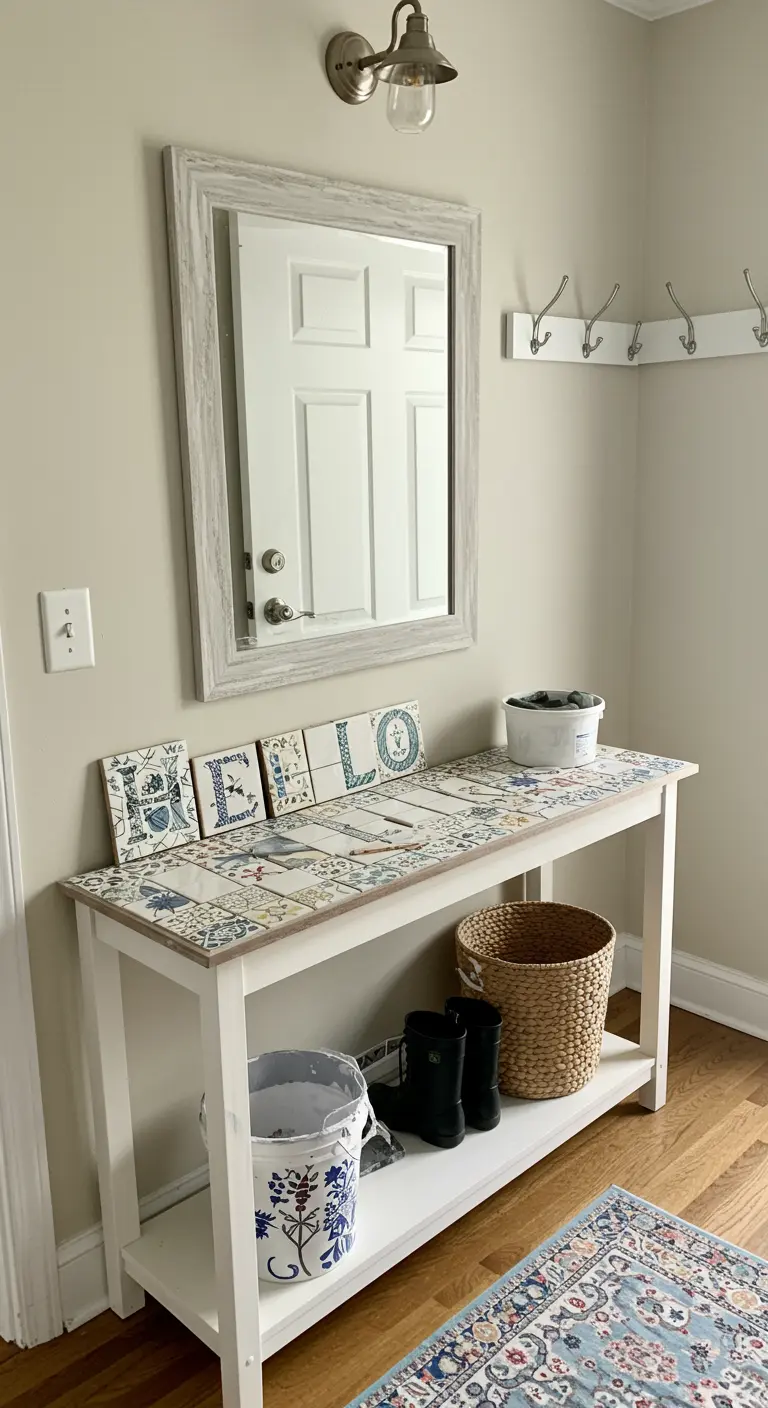 Mesa consola blanca con la superficie cubierta de un mosaico de azulejos decorativos, incluyendo algunos con letras.