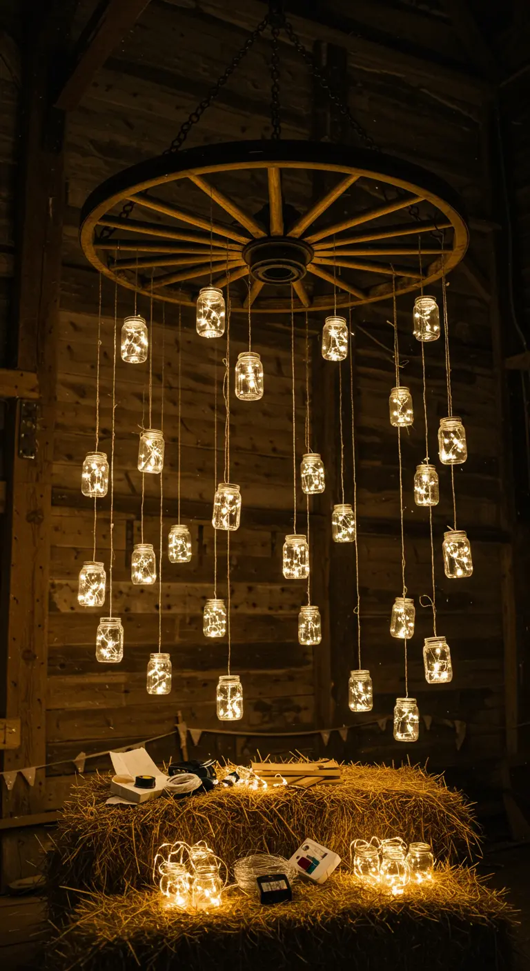 Gran candelabro hecho con una rueda de carro y docenas de frascos con luces de hadas colgando.