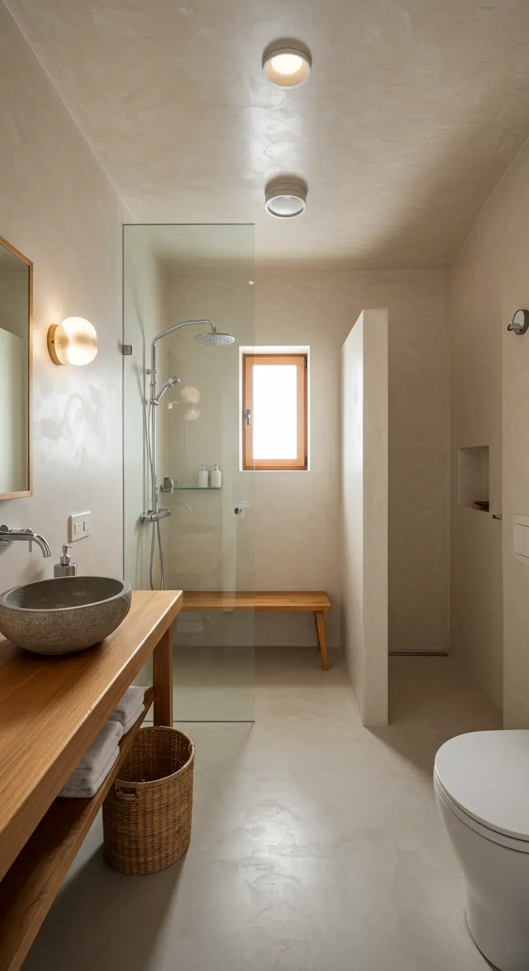 Baño revestido completamente en microcemento con una pequeña ventana de madera