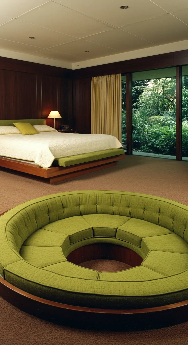 Dormitorio de los 70 con cama baja, paneles de madera y un sofá hundido verde aguacate.