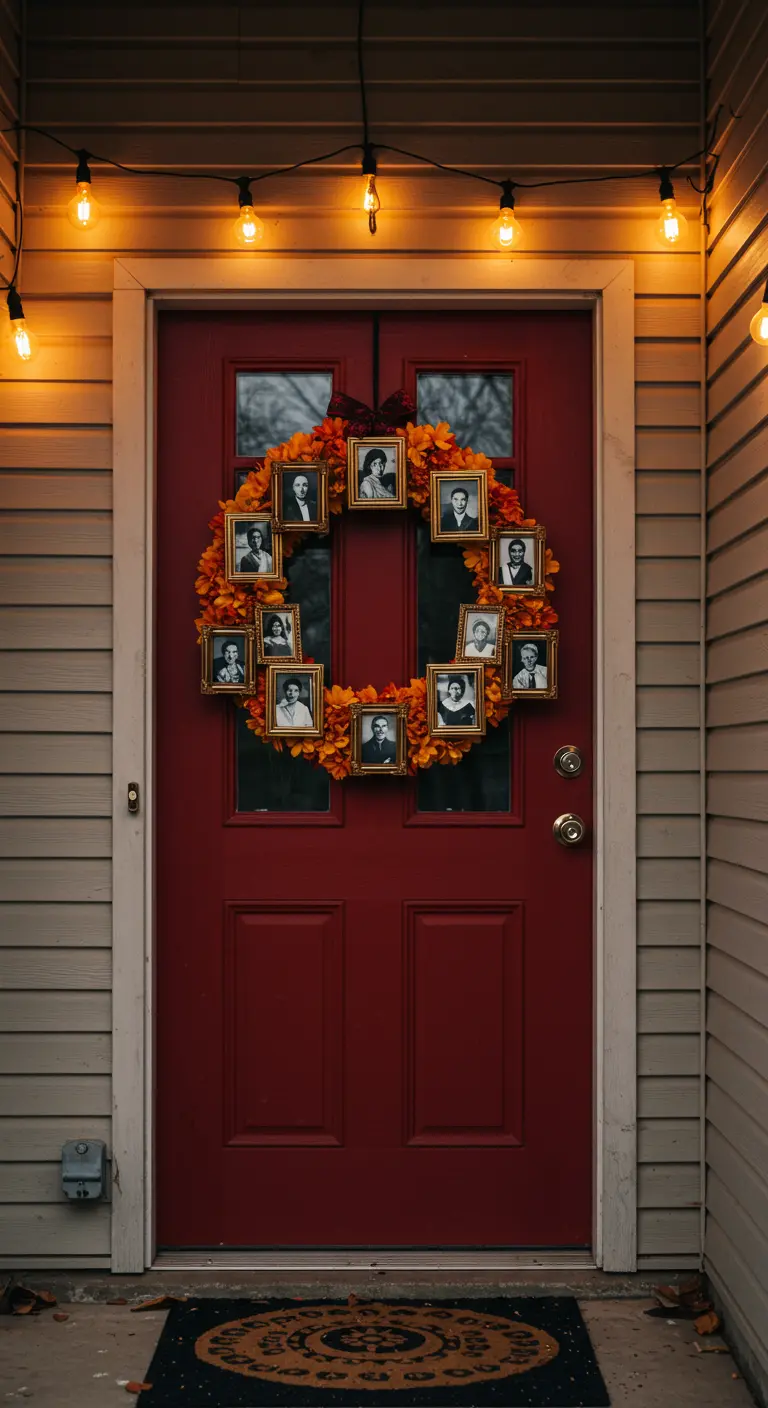 Corona de cempasúchil decorada con pequeñas fotografías familiares enmarcadas.