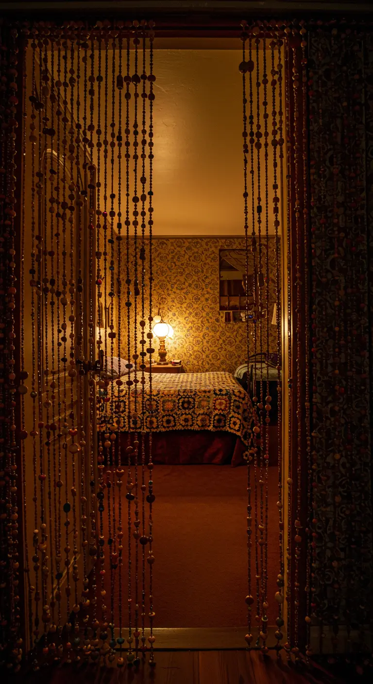 Vista de un dormitorio vintage a través de una cortina de cuentas de madera colgando en la puerta.
