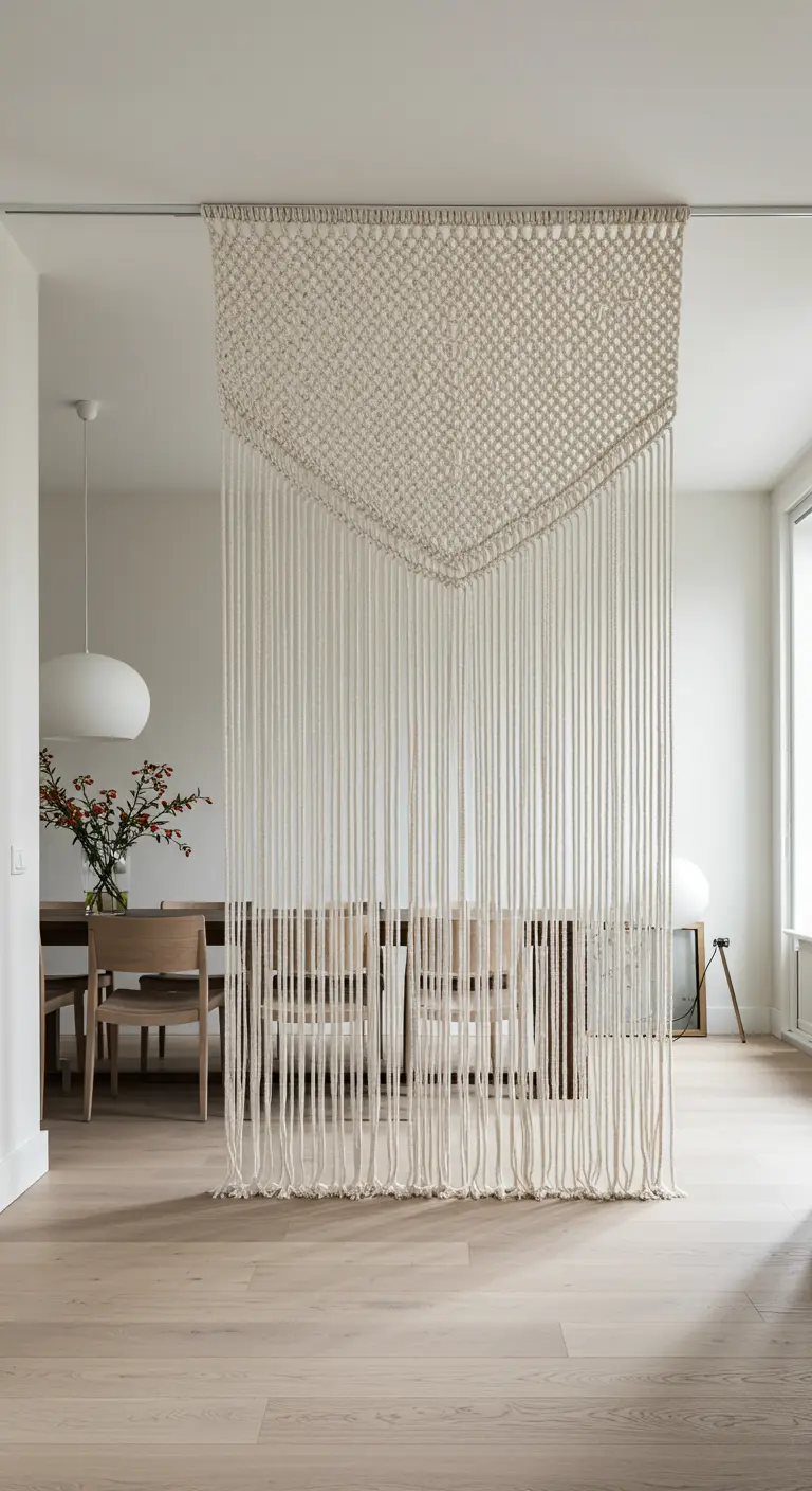 Un gran tapiz de macramé con flecos largos hasta el suelo usado como separador de ambientes.