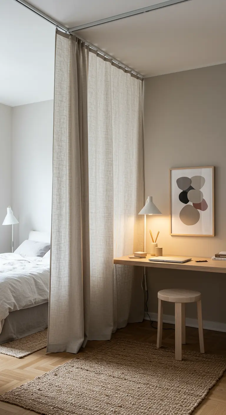 Una cortina de tela beige en un riel de techo separa una cama de un escritorio minimalista.