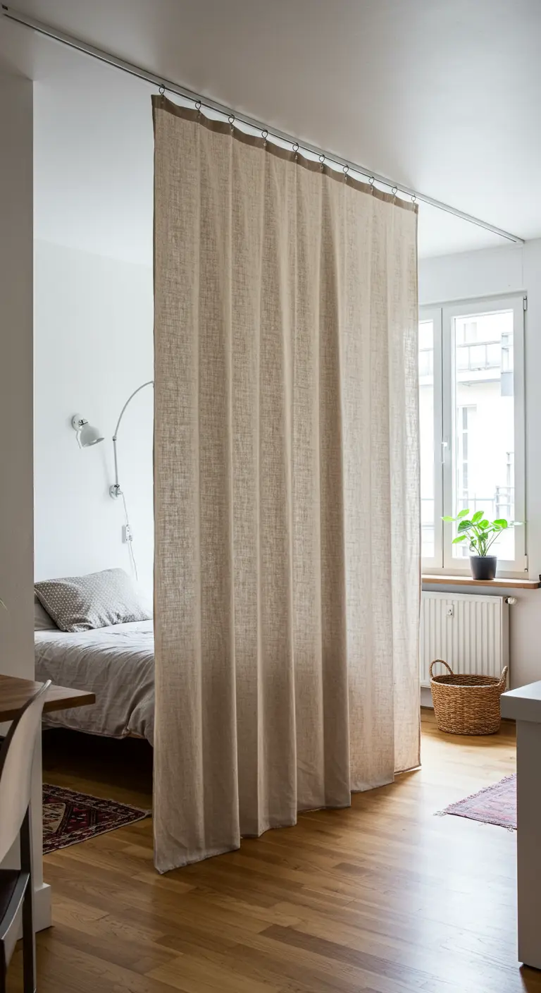 Cortina de lino utilizada como separador de ambientes para el área de la cama en un estudio.