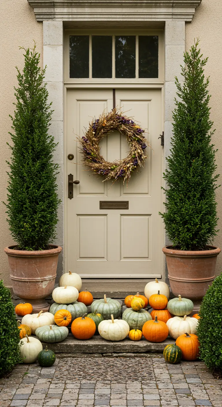 Entrada decorada para el otoño con calabazas de colores, una corona de paja y dos cipreses