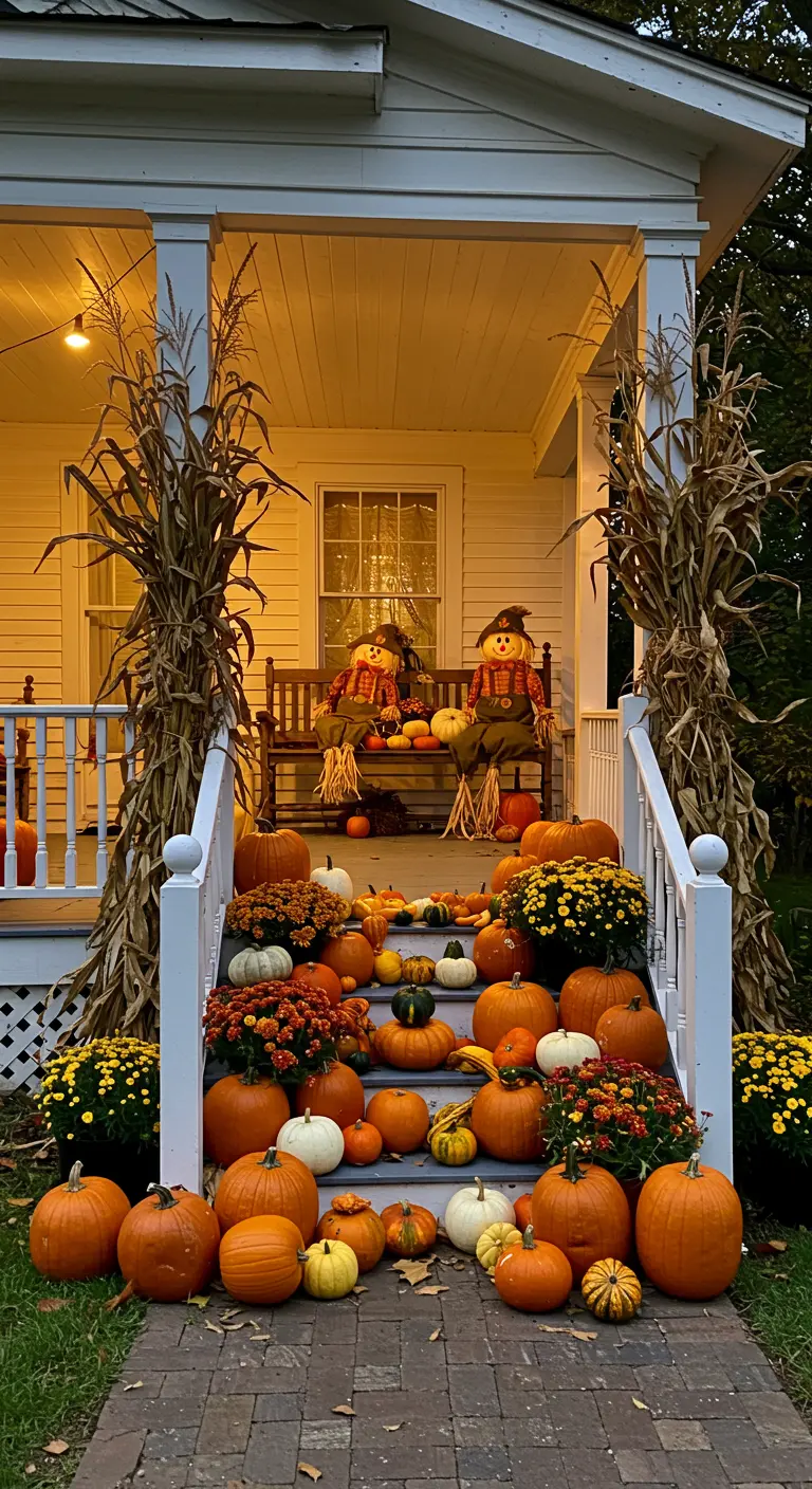 Porche de granja decorado con muchas calabazas, crisantemos y dos espantapájaros sentados.
