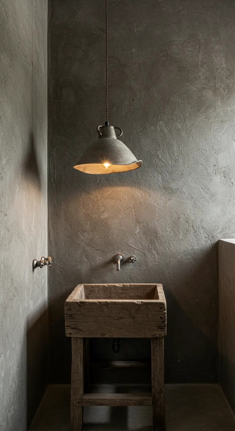 Baño wabi-sabi con paredes de cemento y lámpara colgante de hormigón