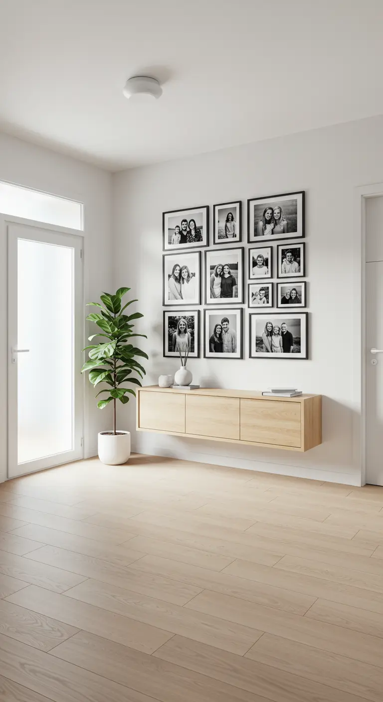 Galería de fotos en blanco y negro con marcos negros en una cuadrícula sobre una consola flotante de madera.