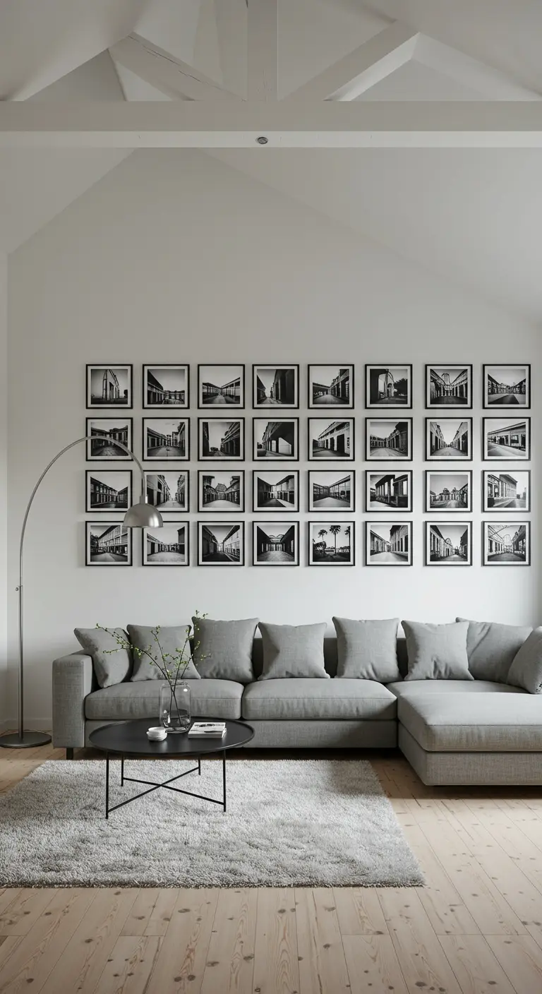 Sala de estar minimalista con una pared de galería de fotos en blanco y negro en una cuadrícula perfecta