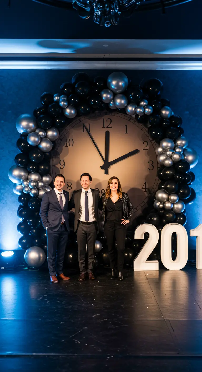 Photocall con un reloj gigante enmarcado por globos negros y plateados para la cuenta atrás.