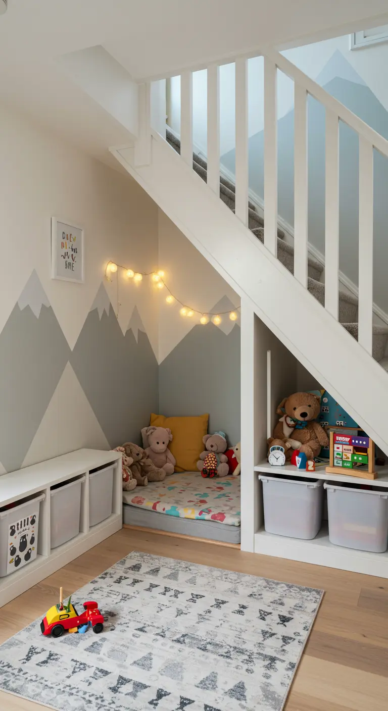 Rincón de juegos infantil bajo la escalera con mural de montañas y luces