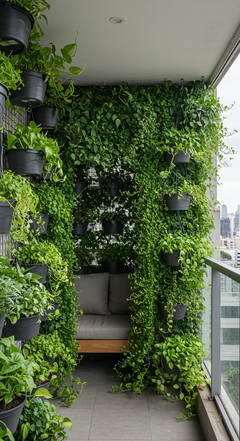 Pequeño balcón tipo nicho con las paredes completamente cubiertas de plantas colgantes y un sofá.