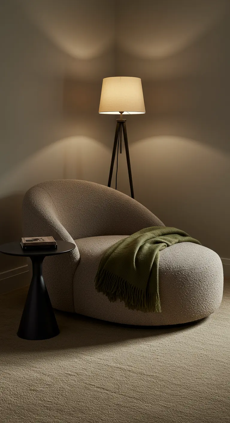 Tumbona moderna de tela bouclé con una manta verde y una lámpara de pie de trípode.