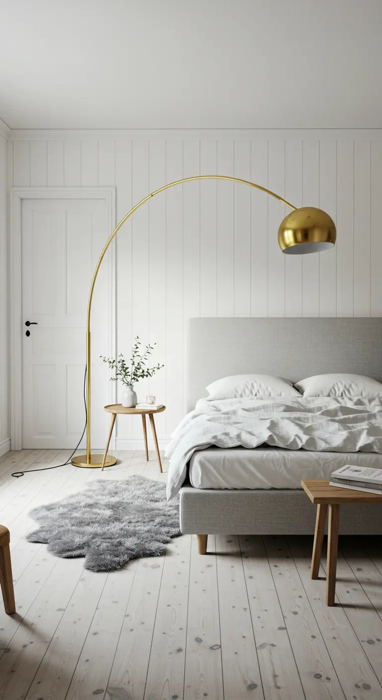Dormitorio escandinavo con una gran lámpara de pie dorada en forma de arco sobre la cama.