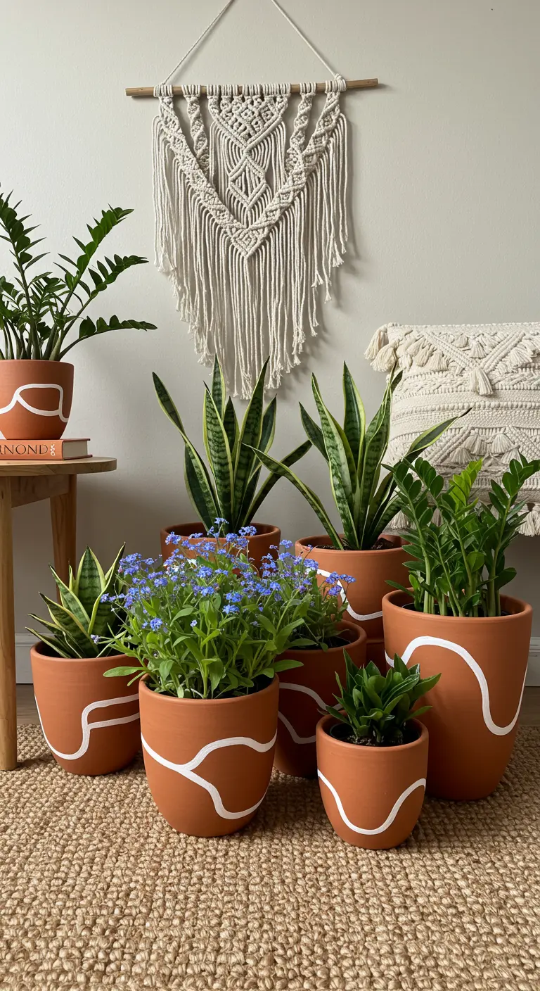 Grupo de macetas de terracota decoradas con una sola línea blanca ondulada.