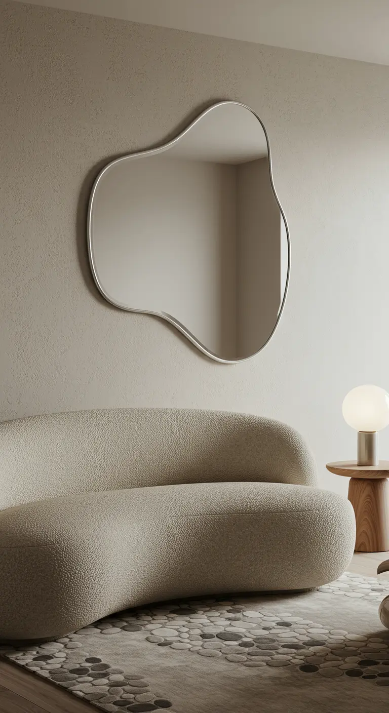 Espejo de forma orgánica y sin marco en una pared texturizada sobre un sofá curvo