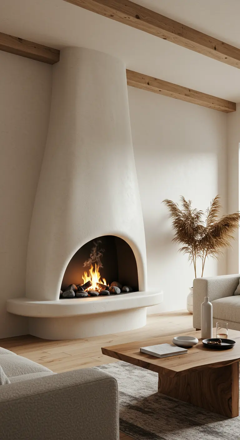 Chimenea escultural de yeso blanco con forma curva y orgánica.