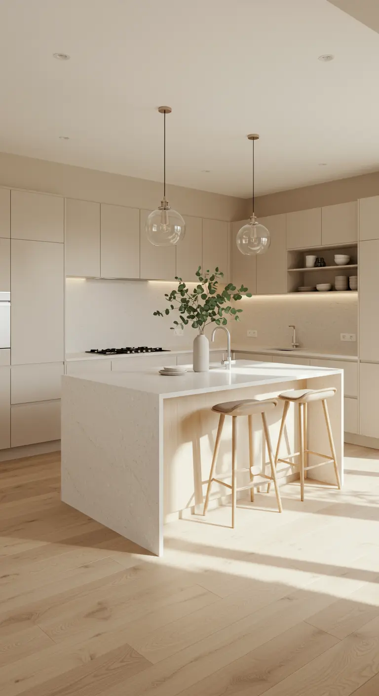 Cocina coreana moderna con isla beige, suelo de madera clara y lámparas de globo de cristal